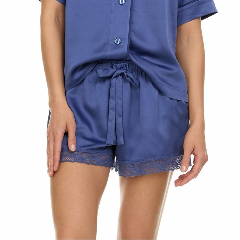 Flora Nikrooz Selena Satin Charmeuse Lace Trim Pajama Shorts Navy Blue M